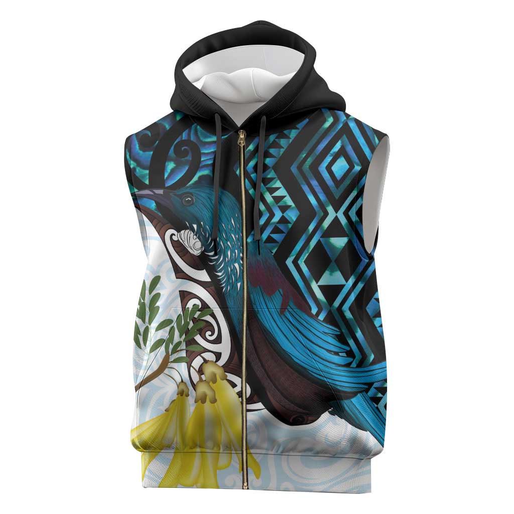 New Zealand Silver Fern Tui Bird Sleeveless Zip Hoodie Maori Kowhai Paua Shell Taniko Motifs - Polynesian Pride