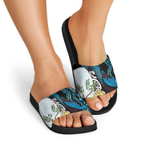 New Zealand Silver Fern Tui Bird Slide Sandals Maori Kowhai Paua Shell Taniko Motifs - Polynesian Pride