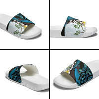 New Zealand Silver Fern Tui Bird Slide Sandals Maori Kowhai Paua Shell Taniko Motifs - Polynesian Pride