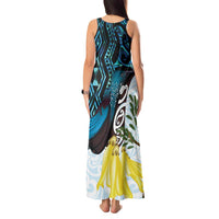 New Zealand Silver Fern Tui Bird Tank Maxi Dress Maori Kowhai Paua Shell Taniko Motifs