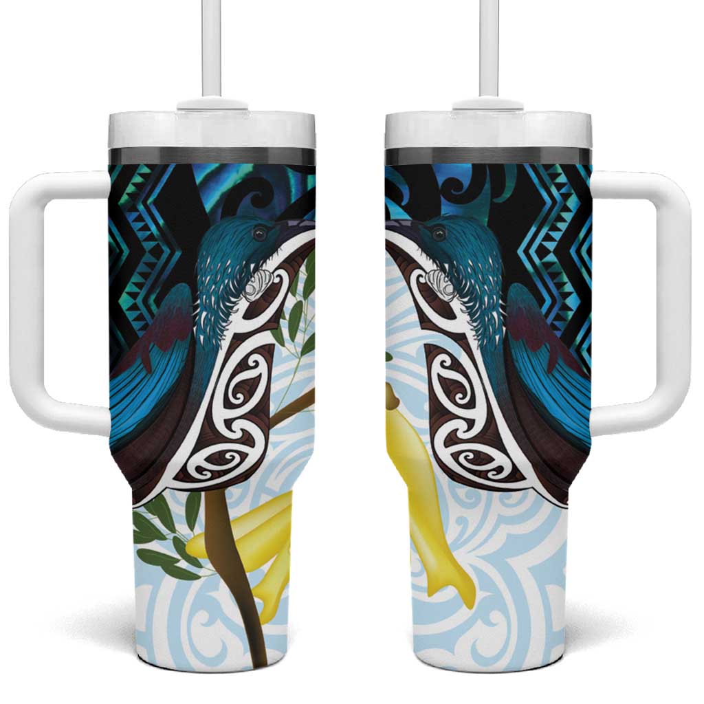 New Zealand Silver Fern Tui Bird Tumbler With Handle Maori Kowhai Paua Shell Taniko Motifs