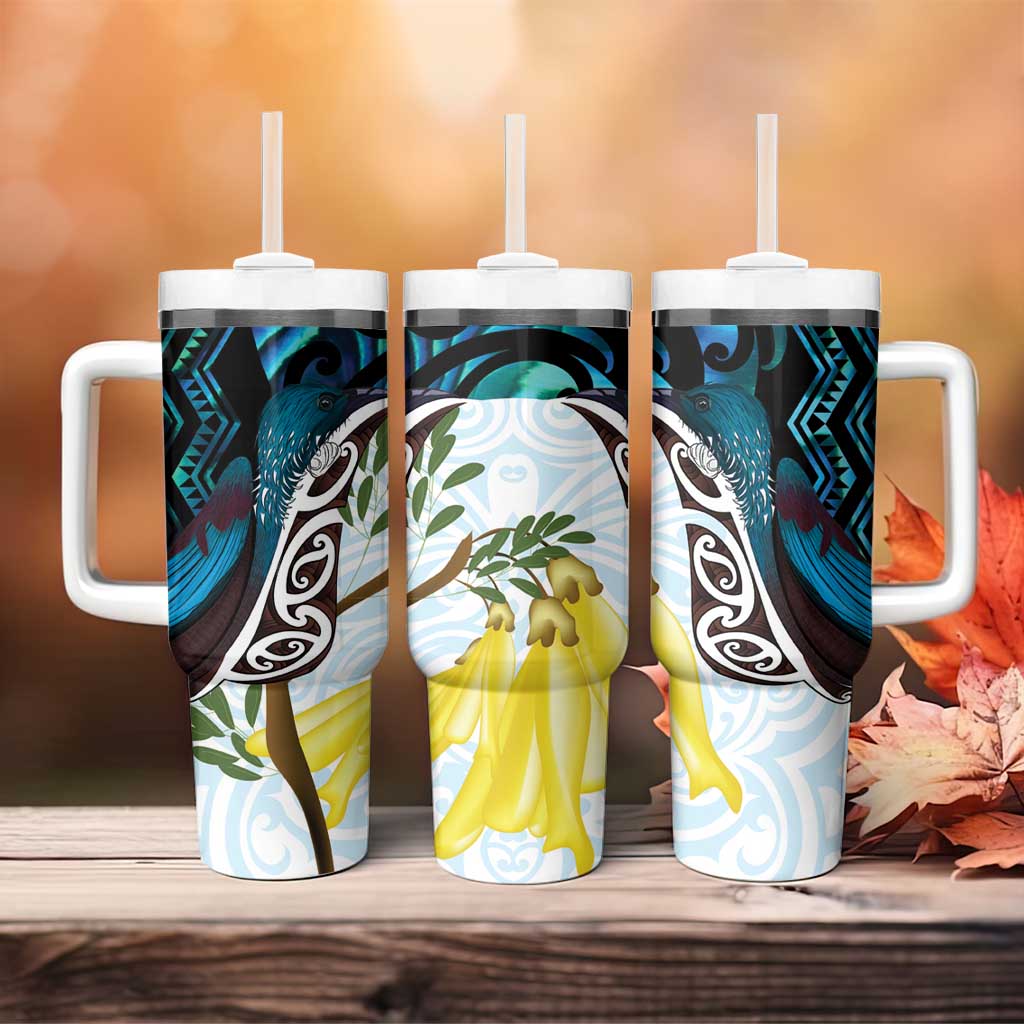 New Zealand Silver Fern Tui Bird Tumbler With Handle Maori Kowhai Paua Shell Taniko Motifs