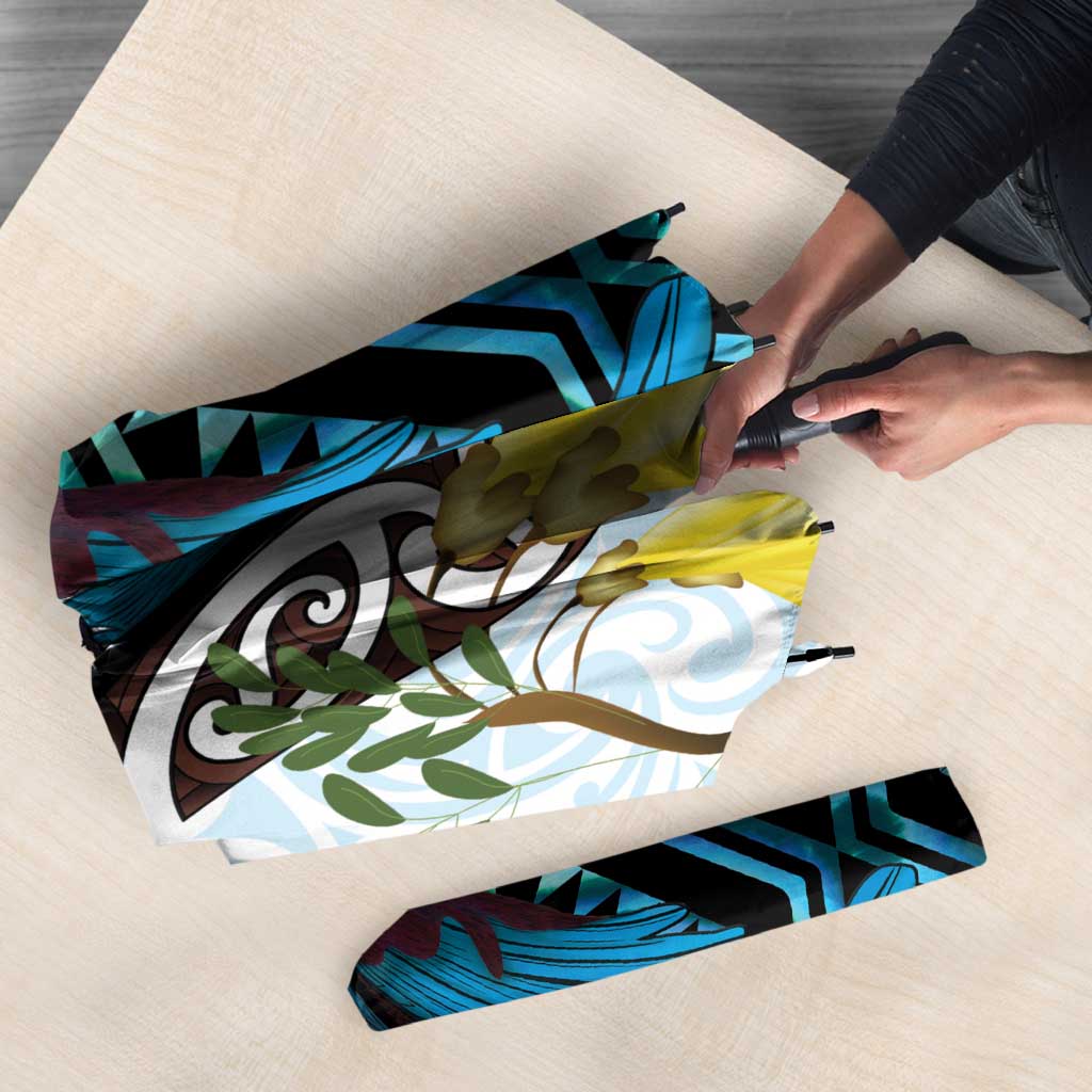 New Zealand Silver Fern Tui Bird Umbrella Maori Kowhai Paua Shell Taniko Motifs - Polynesian Pride
