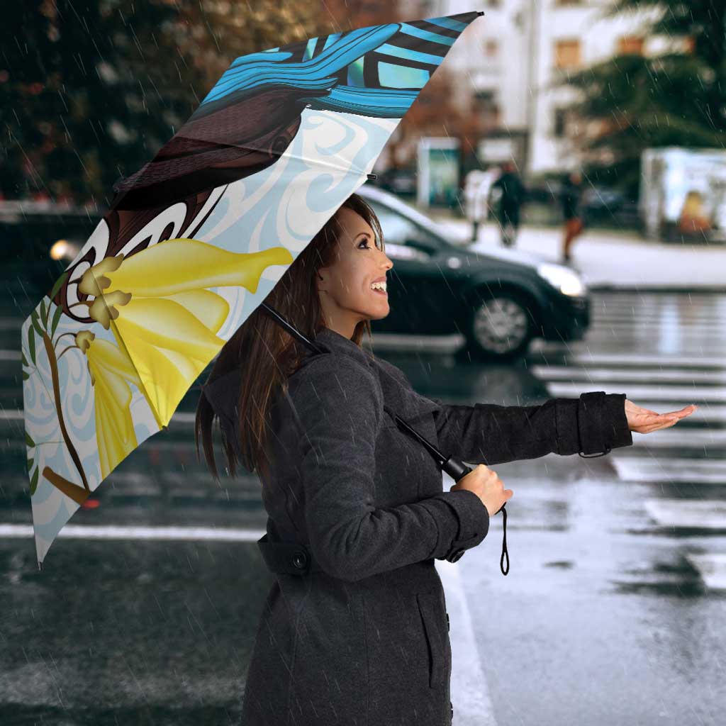 New Zealand Silver Fern Tui Bird Umbrella Maori Kowhai Paua Shell Taniko Motifs - Polynesian Pride