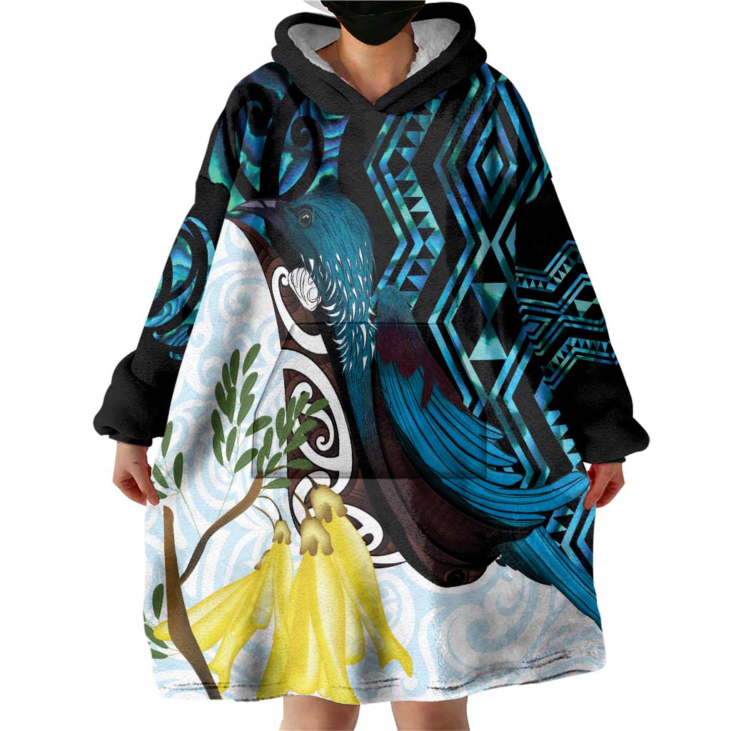 New Zealand Silver Fern Tui Bird Wearable Blanket Hoodie Maori Kowhai Paua Shell Taniko Motifs