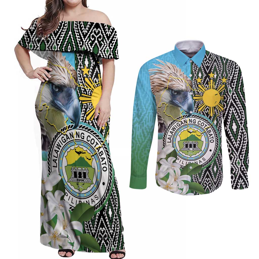 Cotabato Philippines Province Couples Matching Off Shoulder Maxi Dress and Long Sleeve Button Shirt Filipino Eagle Sampaguita Tinalak Pattern
