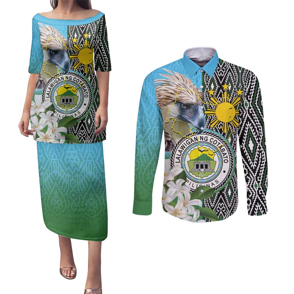 Cotabato Philippines Province Couples Matching Puletasi and Long Sleeve Button Shirt Filipino Eagle Sampaguita Tinalak Pattern