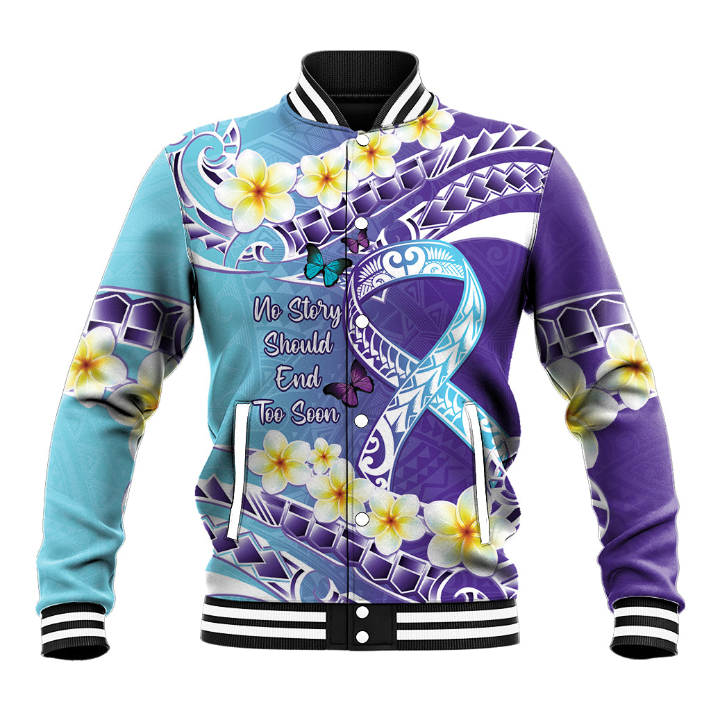 No Story Should End Too Soon Suicide Awareness Baseball Jacket Purple And Teal Polynesian Ribbon