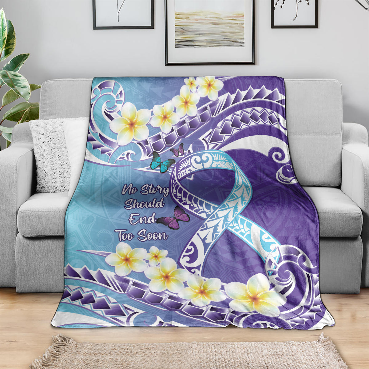 No Story Should End Too Soon Suicide Awareness Blanket Purple And Teal Polynesian Ribbon