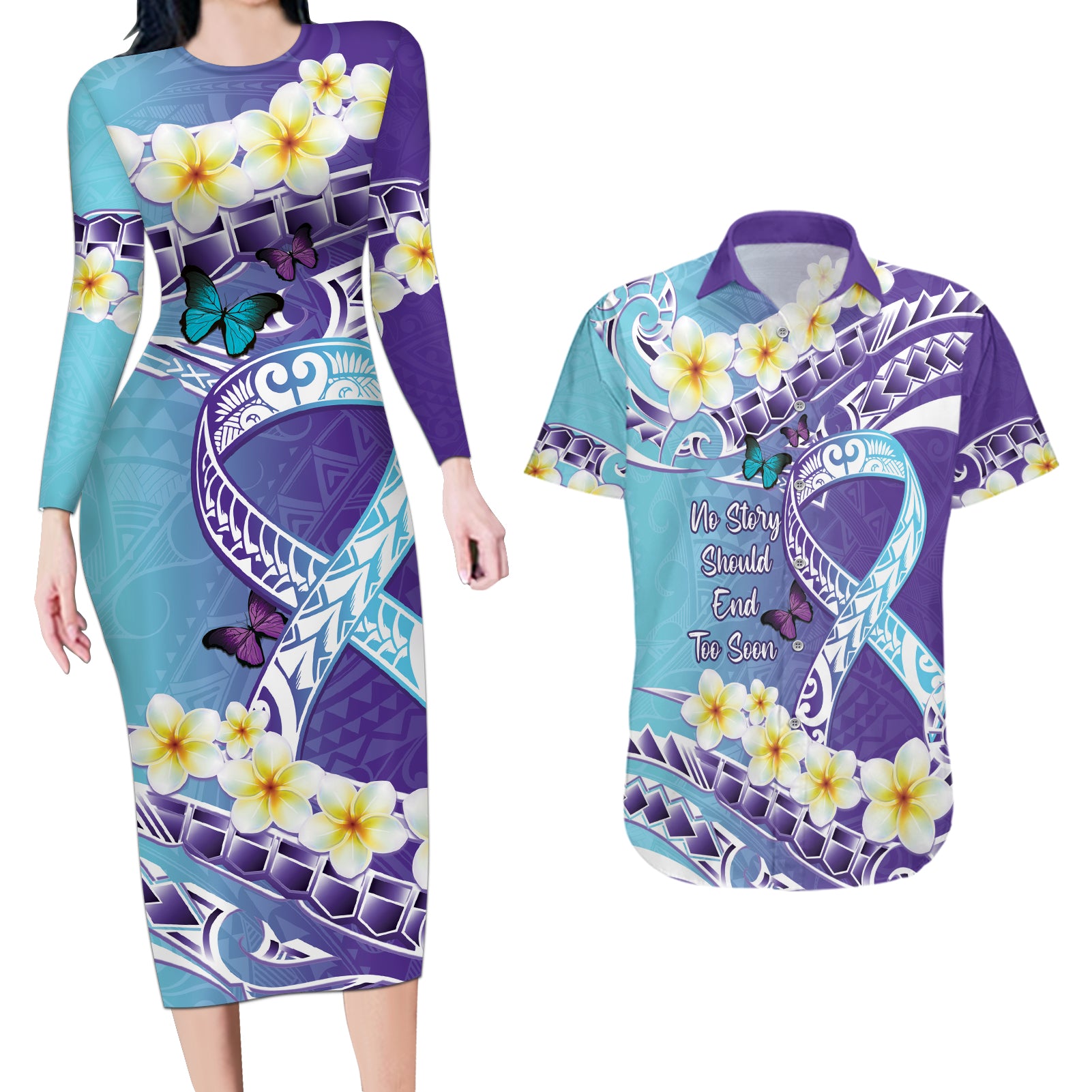 No Story Should End Too Soon Suicide Awareness Couples Matching Long Sleeve Bodycon Dress and Hawaiian Shirt Purple And Teal Polynesian Ribbon