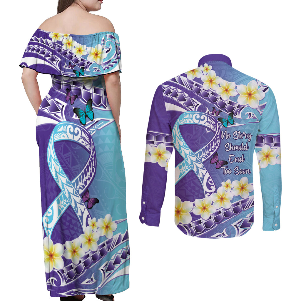 No Story Should End Too Soon Suicide Awareness Couples Matching Off Shoulder Maxi Dress and Long Sleeve Button Shirt Purple And Teal Polynesian Ribbon
