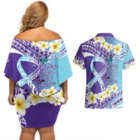 No Story Should End Too Soon Suicide Awareness Couples Matching Off Shoulder Short Dress and Hawaiian Shirt Purple And Teal Polynesian Ribbon