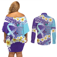 No Story Should End Too Soon Suicide Awareness Couples Matching Off Shoulder Short Dress and Long Sleeve Button Shirt Purple And Teal Polynesian Ribbon