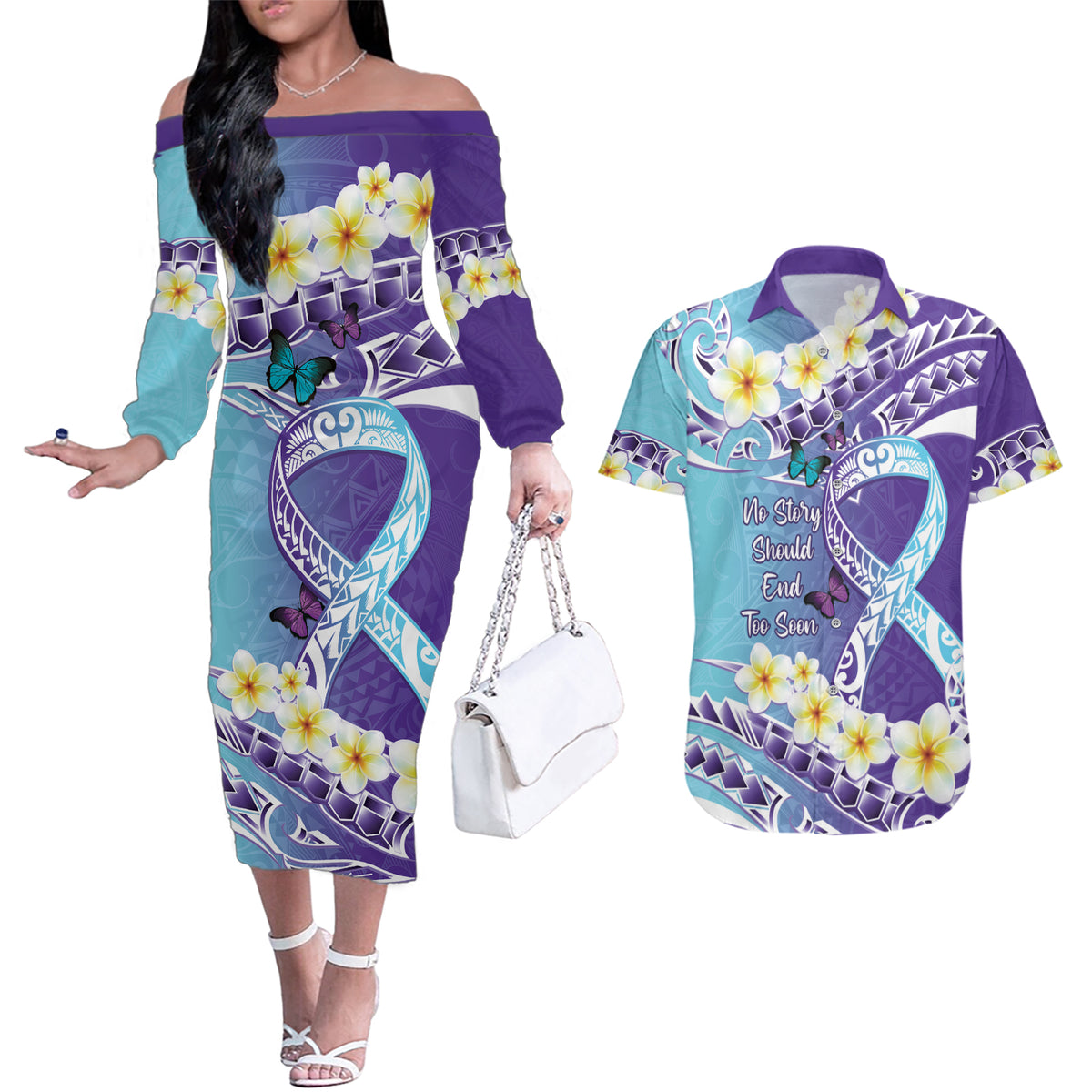 No Story Should End Too Soon Suicide Awareness Couples Matching Off The Shoulder Long Sleeve Dress and Hawaiian Shirt Purple And Teal Polynesian Ribbon
