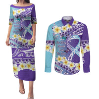 No Story Should End Too Soon Suicide Awareness Couples Matching Puletasi and Long Sleeve Button Shirt Purple And Teal Polynesian Ribbon
