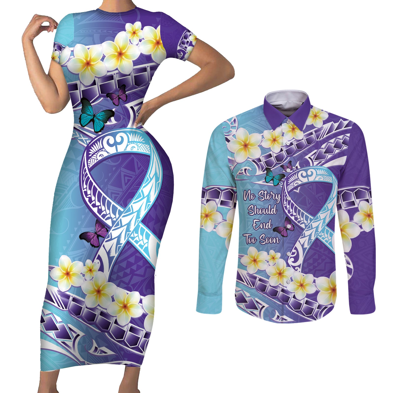 No Story Should End Too Soon Suicide Awareness Couples Matching Short Sleeve Bodycon Dress and Long Sleeve Button Shirt Purple And Teal Polynesian Ribbon