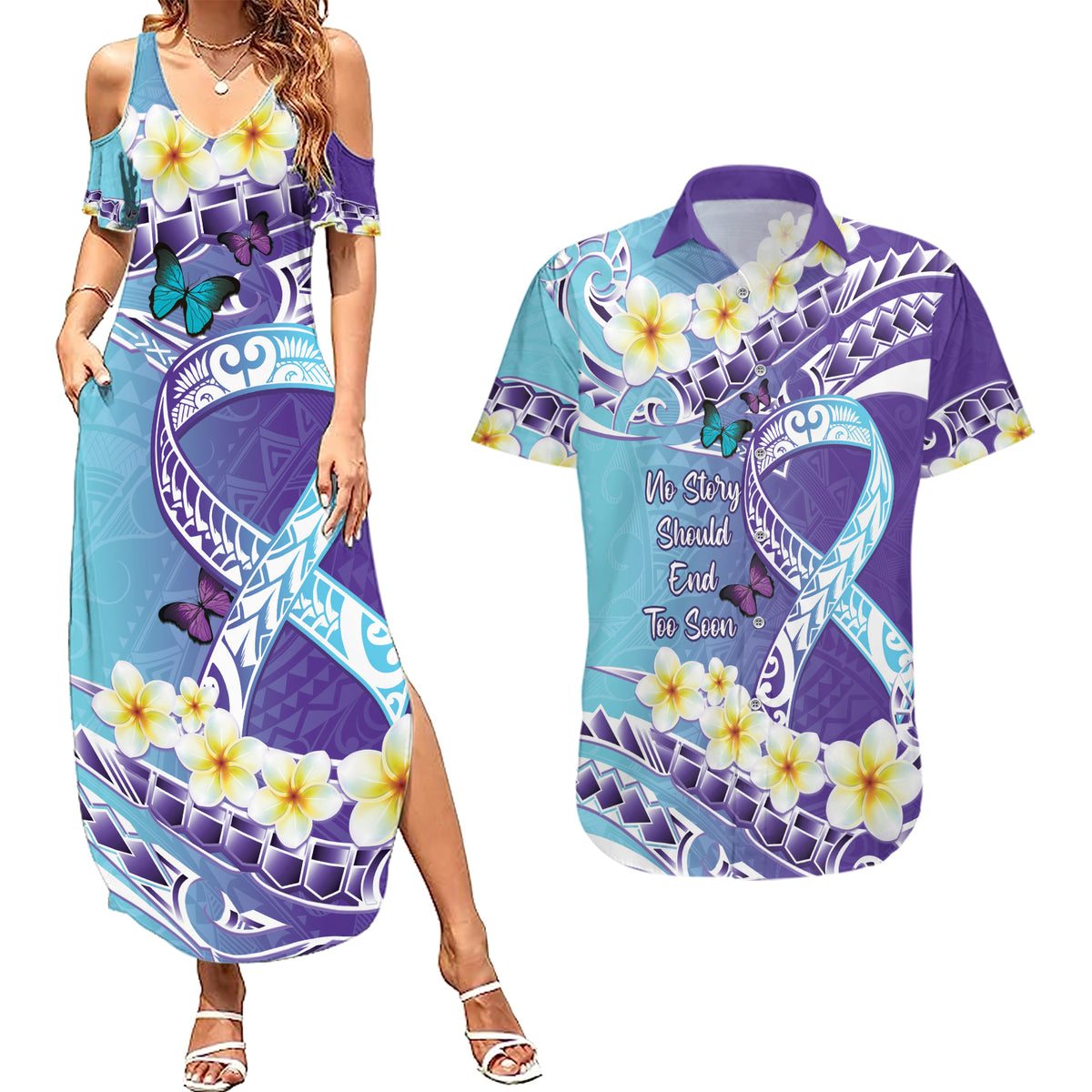 No Story Should End Too Soon Suicide Awareness Couples Matching Summer Maxi Dress and Hawaiian Shirt Purple And Teal Polynesian Ribbon