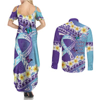 No Story Should End Too Soon Suicide Awareness Couples Matching Summer Maxi Dress and Long Sleeve Button Shirt Purple And Teal Polynesian Ribbon