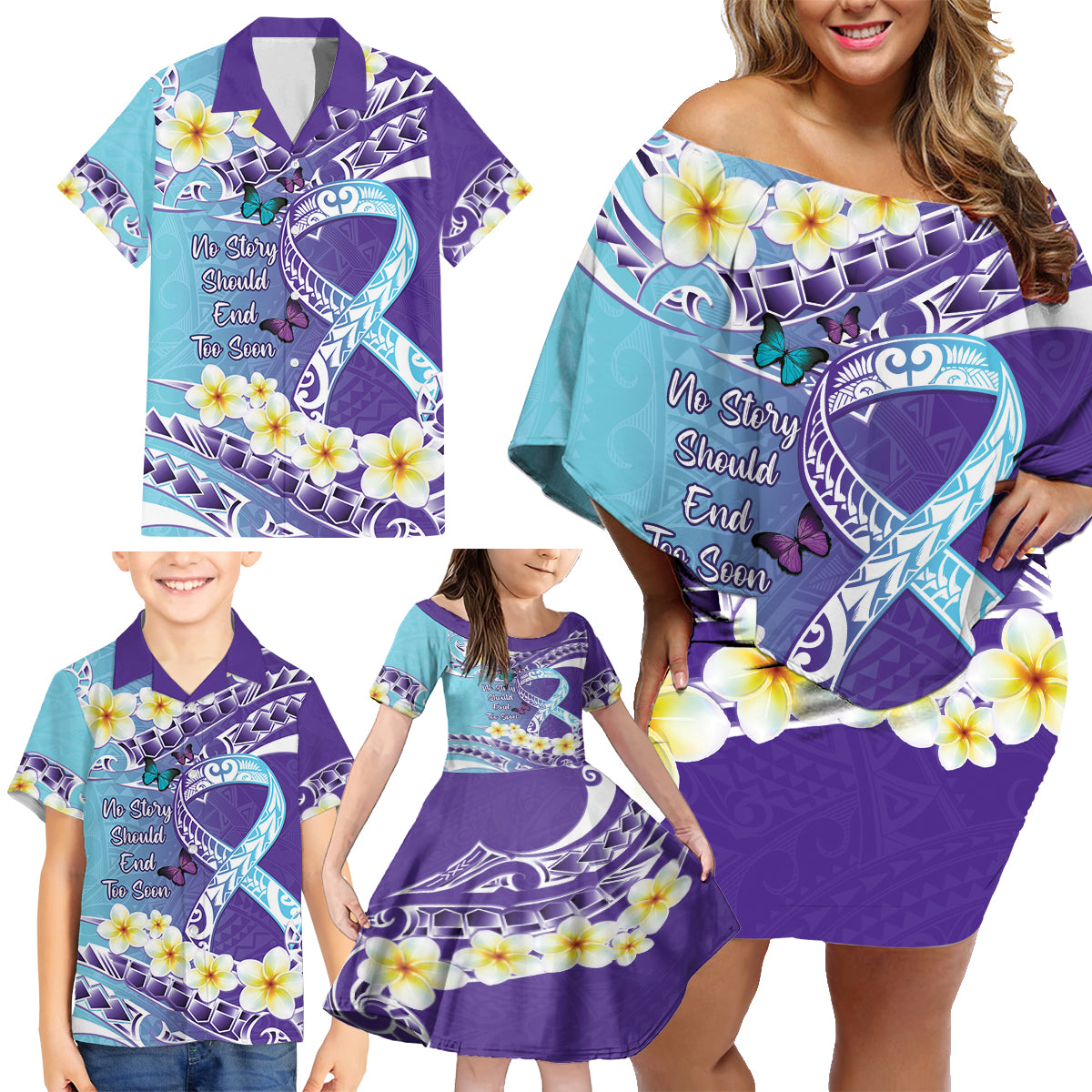 No Story Should End Too Soon Suicide Awareness Family Matching Off Shoulder Short Dress and Hawaiian Shirt Purple And Teal Polynesian Ribbon