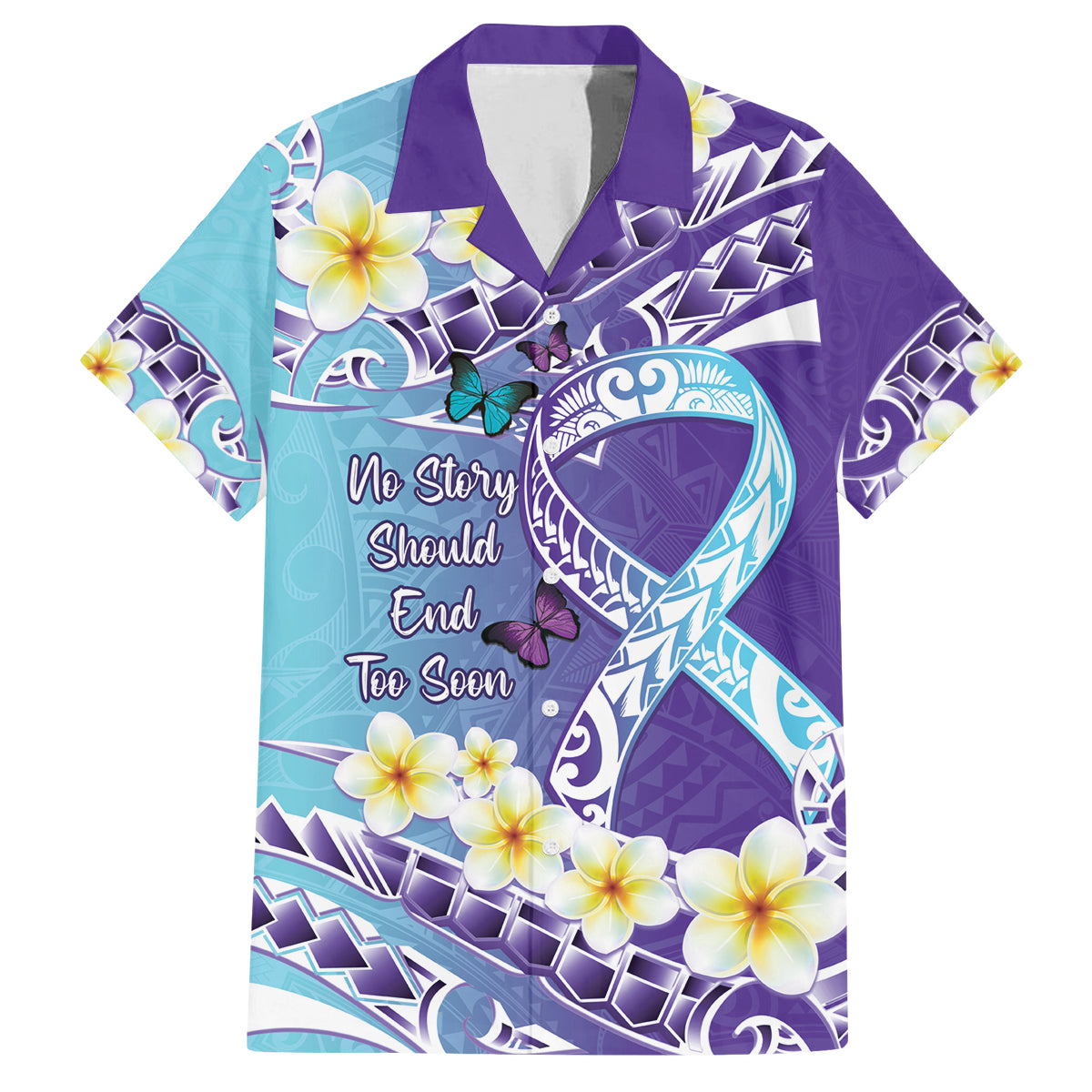 No Story Should End Too Soon Suicide Awareness Family Matching Puletasi and Hawaiian Shirt Purple And Teal Polynesian Ribbon