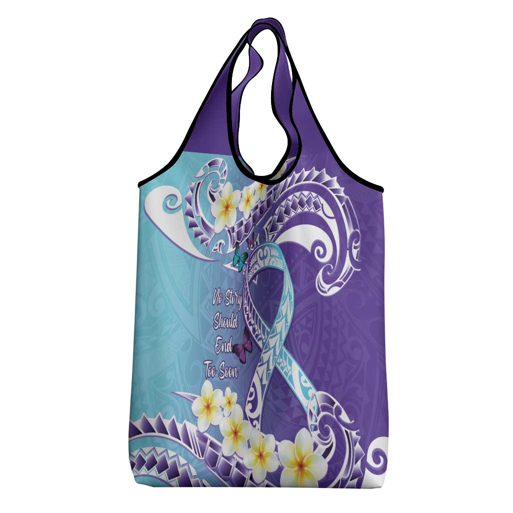No Story Should End Too Soon Suicide Awareness Grocery Bag Purple And Teal Polynesian Ribbon