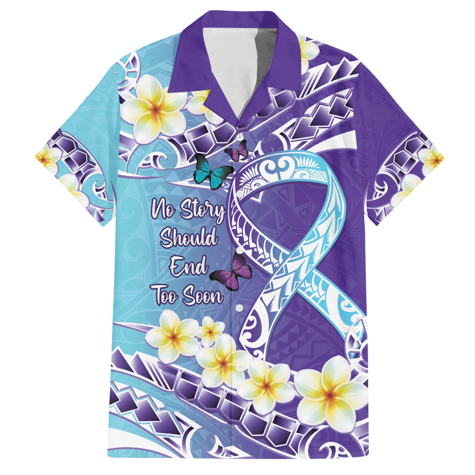 No Story Should End Too Soon Suicide Awareness Hawaiian Shirt Purple And Teal Polynesian Ribbon