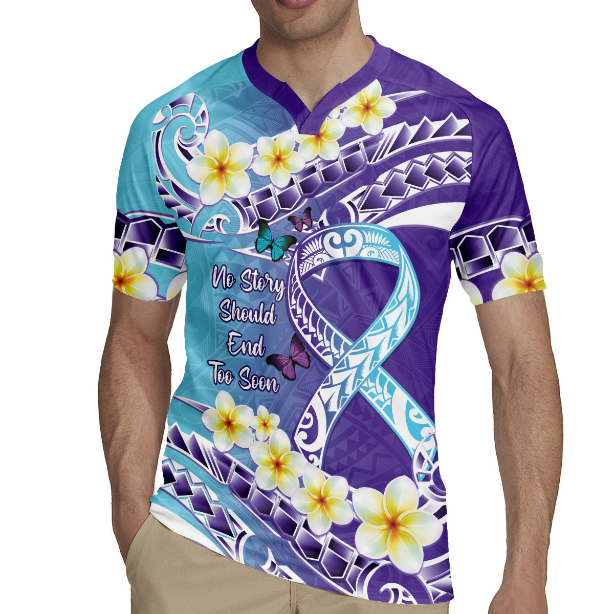 No Story Should End Too Soon Suicide Awareness Rugby Jersey Purple And Teal Polynesian Ribbon