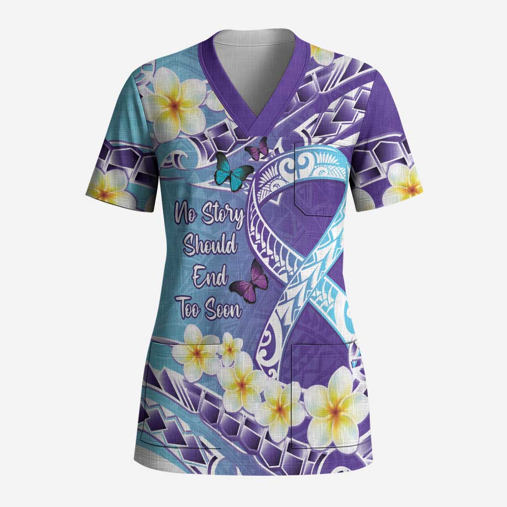 No Story Should End Too Soon Suicide Awareness Scrub Top Purple And Teal Polynesian Ribbon - Polynesian Pride