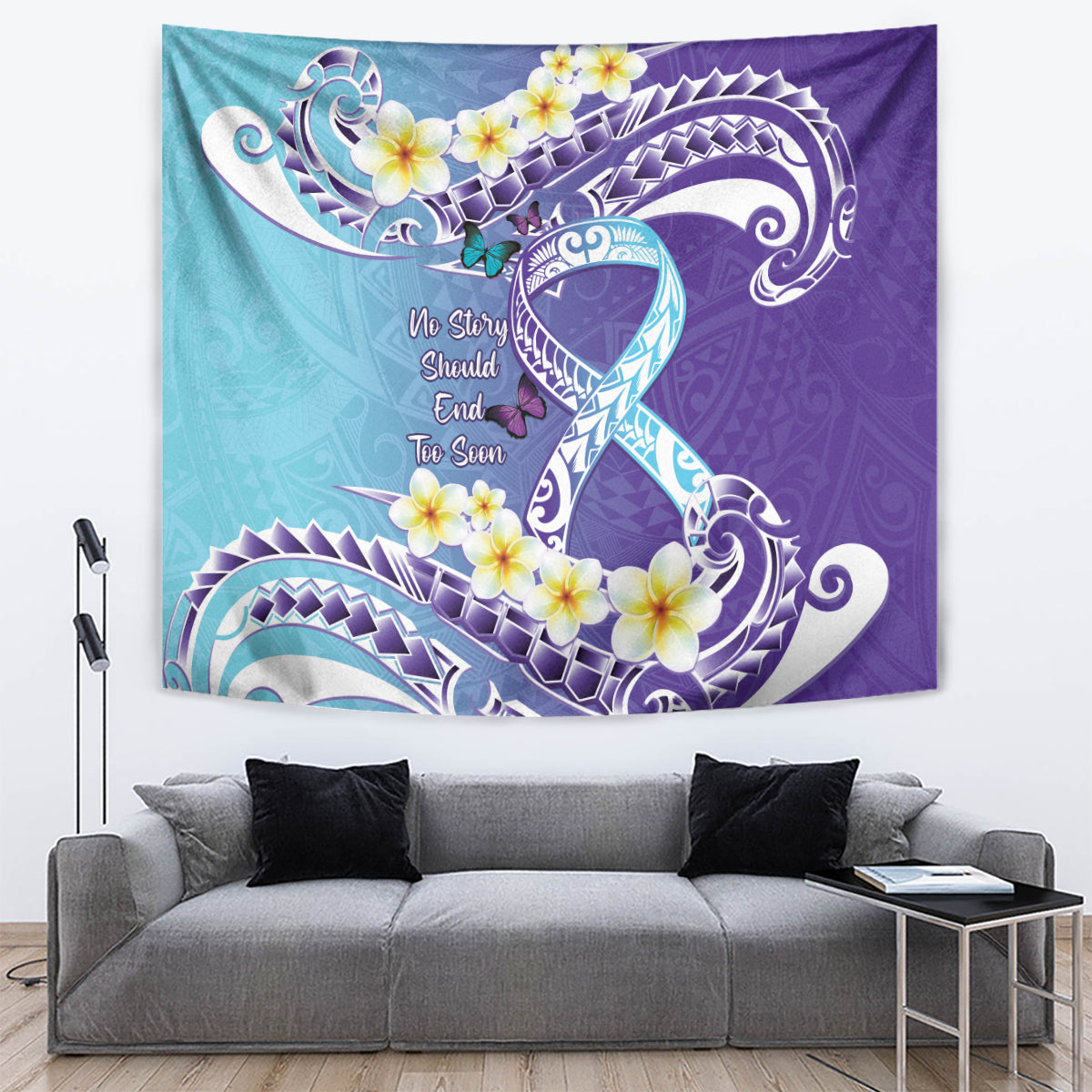 No Story Should End Too Soon Suicide Awareness Tapestry Purple And Teal Polynesian Ribbon