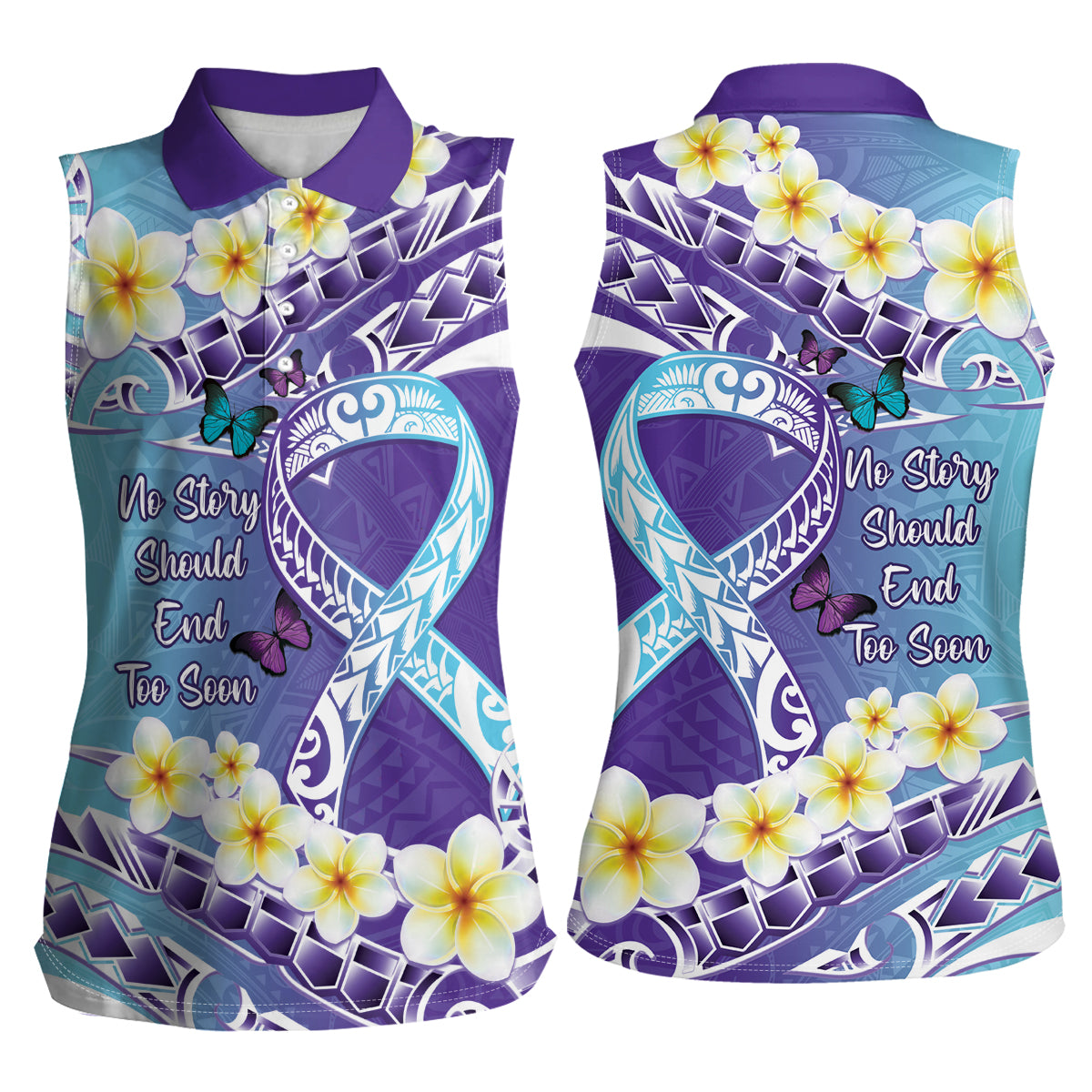 No Story Should End Too Soon Suicide Awareness Women Sleeveless Polo Shirt Purple And Teal Polynesian Ribbon