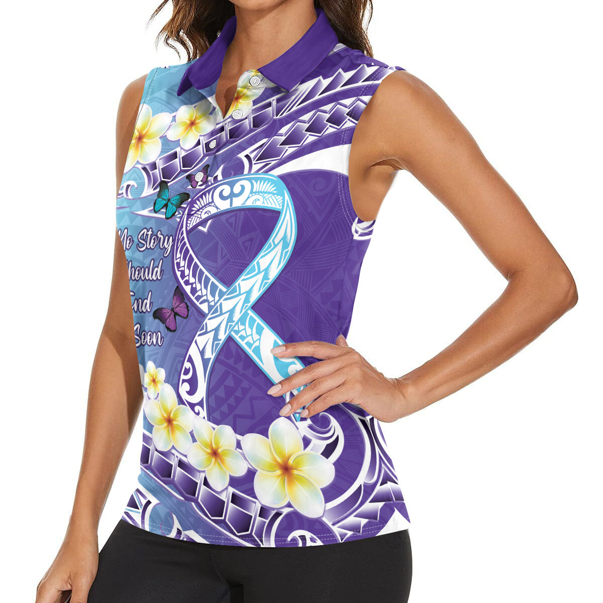 No Story Should End Too Soon Suicide Awareness Women Sleeveless Polo Shirt Purple And Teal Polynesian Ribbon