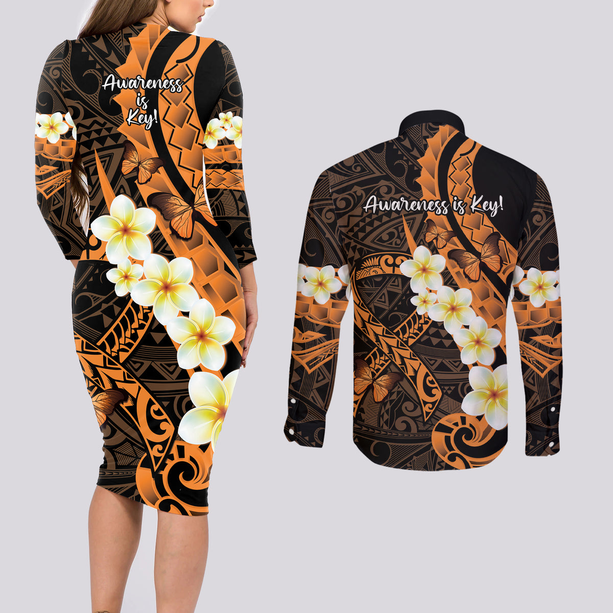 Liver Cancer Awareness Month Couples Matching Long Sleeve Bodycon Dress and Long Sleeve Button Shirt Awareness Is Key Orange Polynesian Ribbon