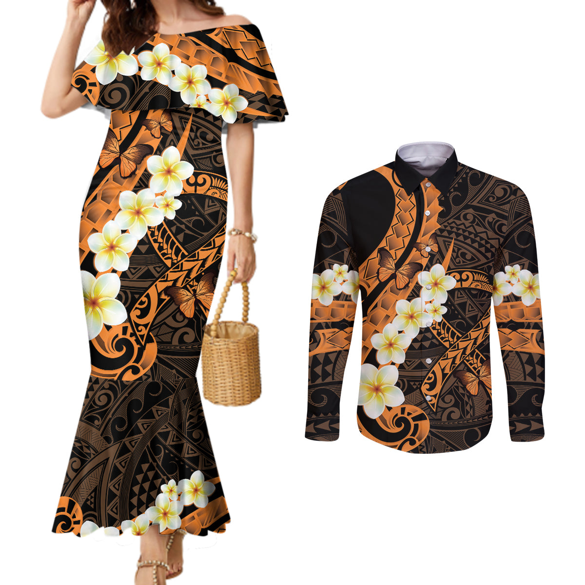 Liver Cancer Awareness Month Couples Matching Mermaid Dress and Long Sleeve Button Shirt Awareness Is Key Orange Polynesian Ribbon