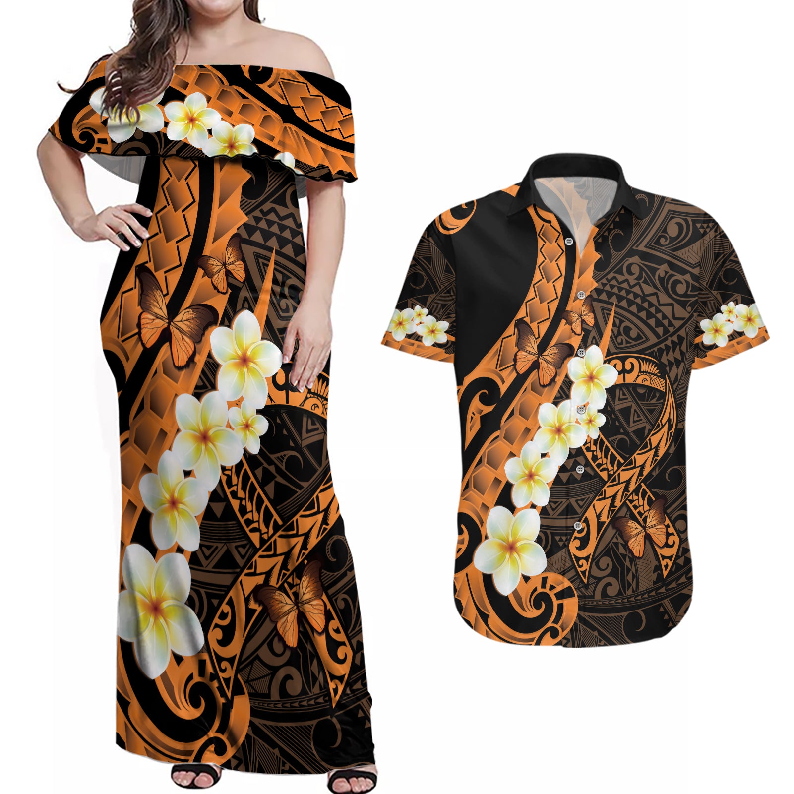 Liver Cancer Awareness Month Couples Matching Off Shoulder Maxi Dress and Hawaiian Shirt Awareness Is Key Orange Polynesian Ribbon