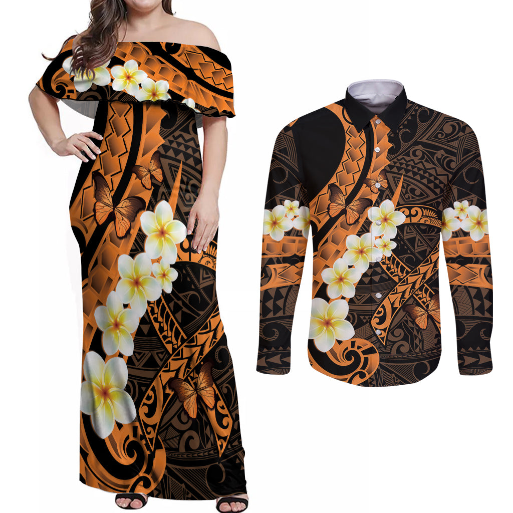 Liver Cancer Awareness Month Couples Matching Off Shoulder Maxi Dress and Long Sleeve Button Shirt Awareness Is Key Orange Polynesian Ribbon