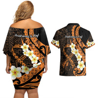 Liver Cancer Awareness Month Couples Matching Off Shoulder Short Dress and Hawaiian Shirt Awareness Is Key Orange Polynesian Ribbon