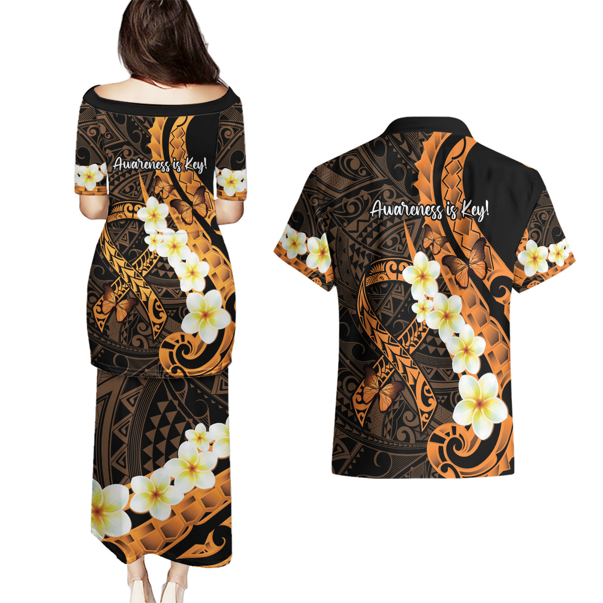 Liver Cancer Awareness Month Couples Matching Puletasi and Hawaiian Shirt Awareness Is Key Orange Polynesian Ribbon