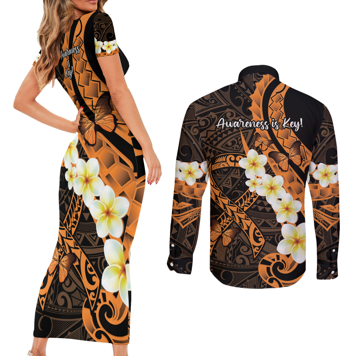 Liver Cancer Awareness Month Couples Matching Short Sleeve Bodycon Dress and Long Sleeve Button Shirt Awareness Is Key Orange Polynesian Ribbon