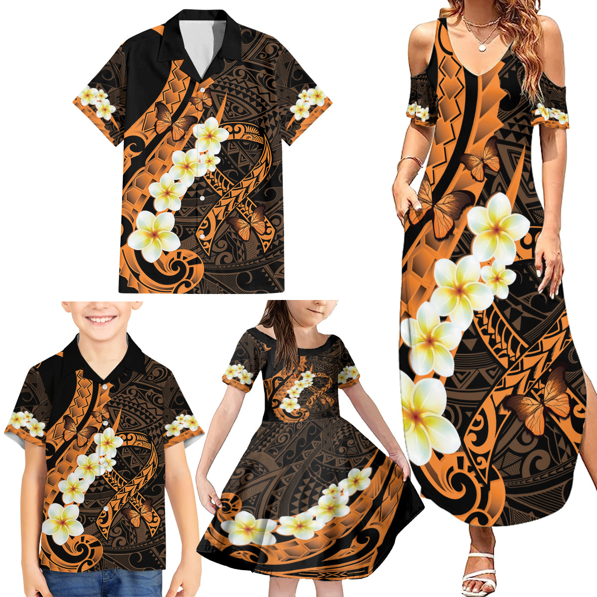 Liver Cancer Awareness Month Family Matching Summer Maxi Dress and Hawaiian Shirt Awareness Is Key Orange Polynesian Ribbon