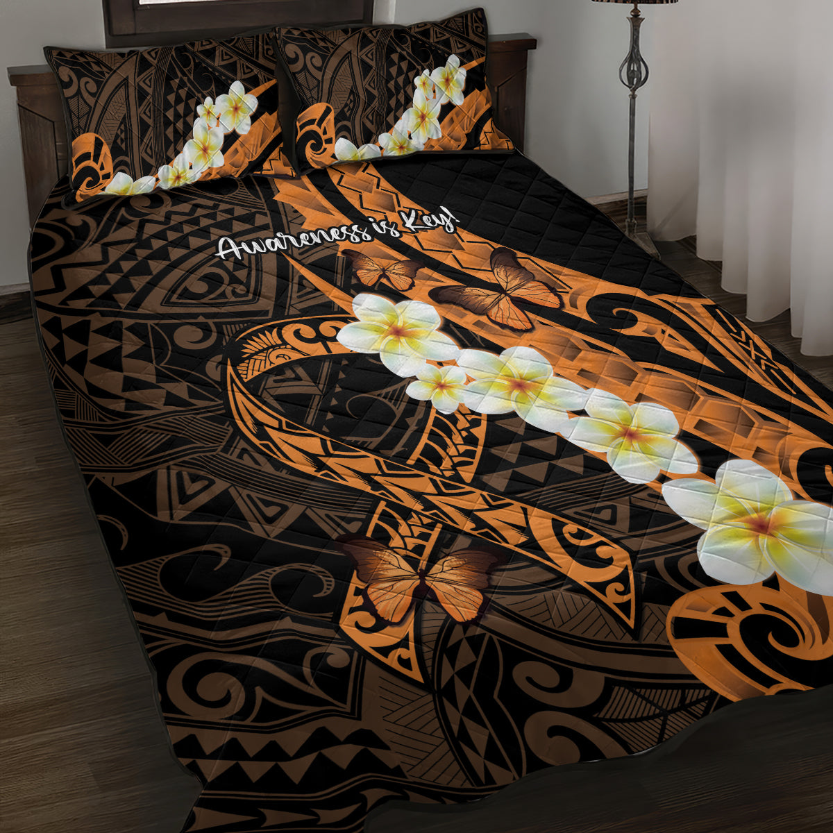 Liver Cancer Awareness Month Quilt Bed Set Awareness Is Key Orange Polynesian Ribbon