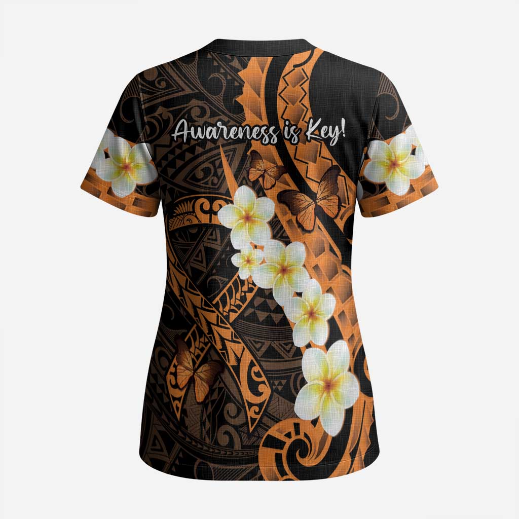 Liver Cancer Awareness Month Scrub Top Awareness Is Key Orange Polynesian Ribbon - Polynesian Pride