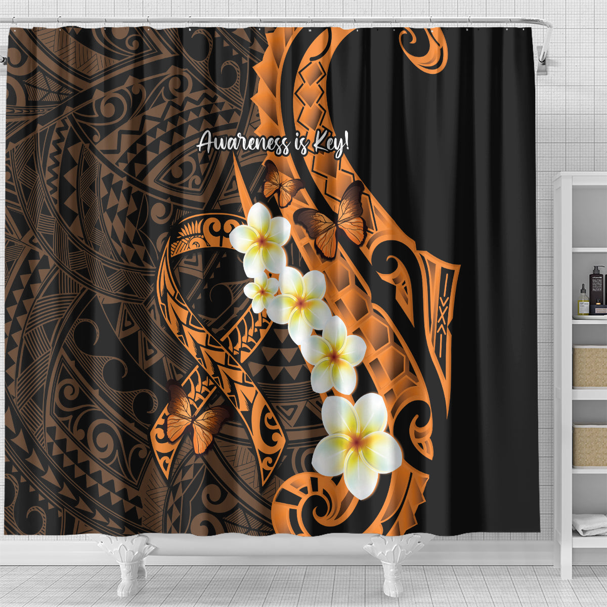 Liver Cancer Awareness Month Shower Curtain Awareness Is Key Orange Polynesian Ribbon