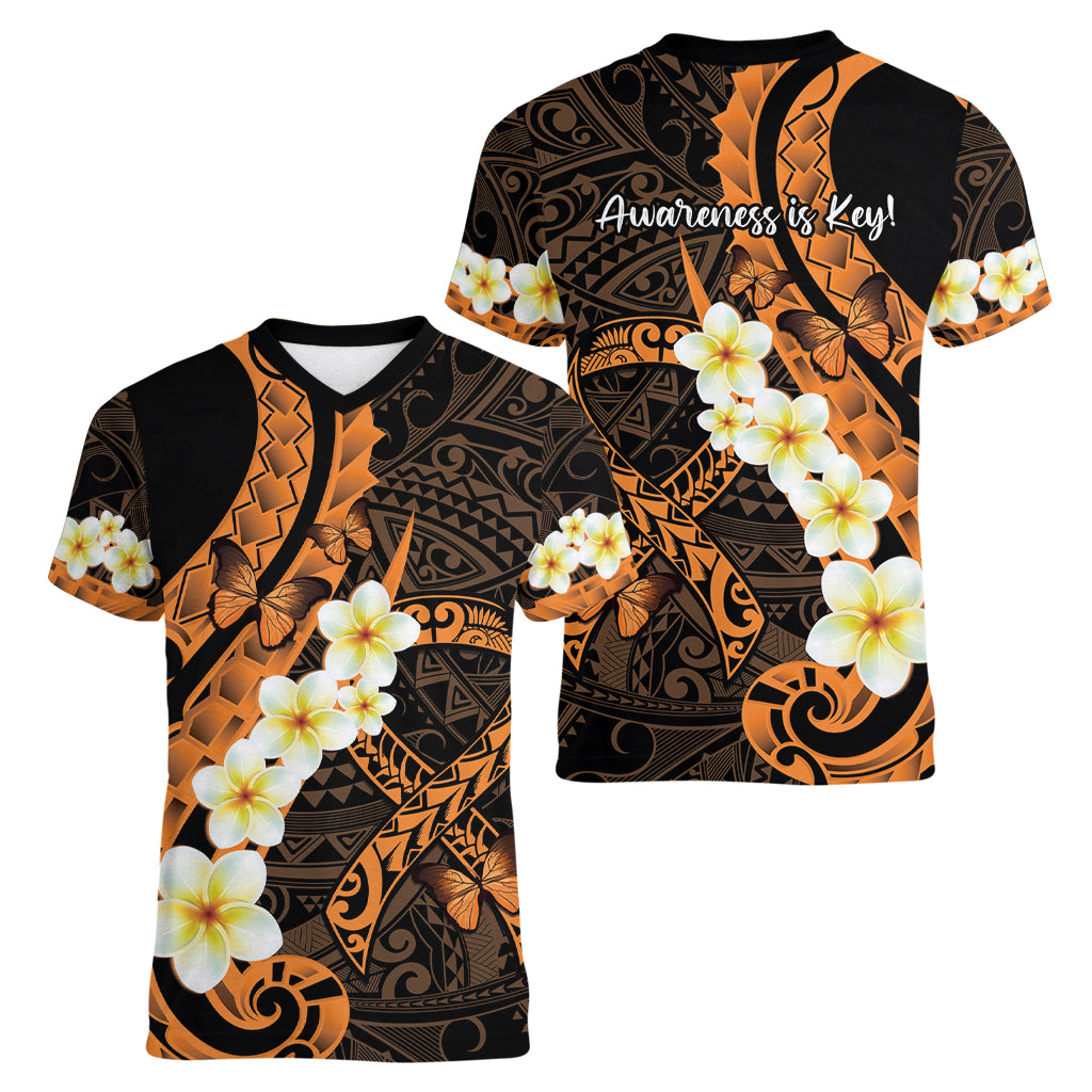 Liver Cancer Awareness Month Women V-Neck T-Shirt Awareness Is Key Orange Polynesian Ribbon