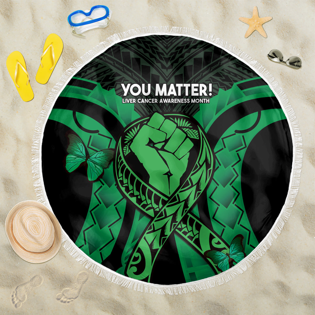 ADHD Awareness Month You Matter Beach Blanket Green Polynesian Ribbon