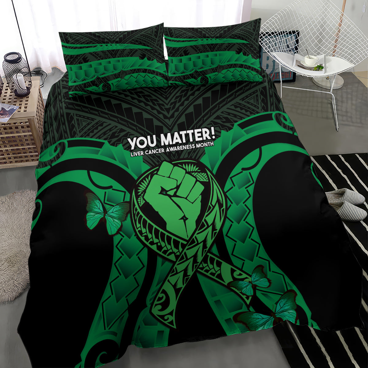 ADHD Awareness Month You Matter Bedding Set Green Polynesian Ribbon