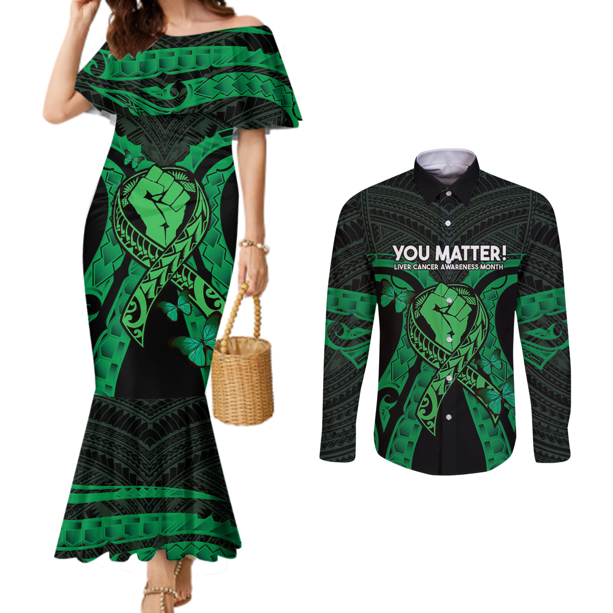 ADHD Awareness Month You Matter Couples Matching Mermaid Dress and Long Sleeve Button Shirt Green Polynesian Ribbon