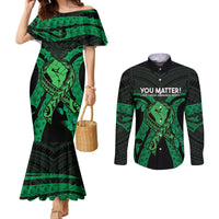 ADHD Awareness Month You Matter Couples Matching Mermaid Dress and Long Sleeve Button Shirt Green Polynesian Ribbon
