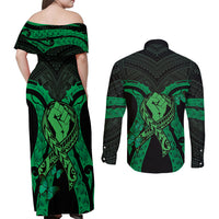 ADHD Awareness Month You Matter Couples Matching Off Shoulder Maxi Dress and Long Sleeve Button Shirt Green Polynesian Ribbon