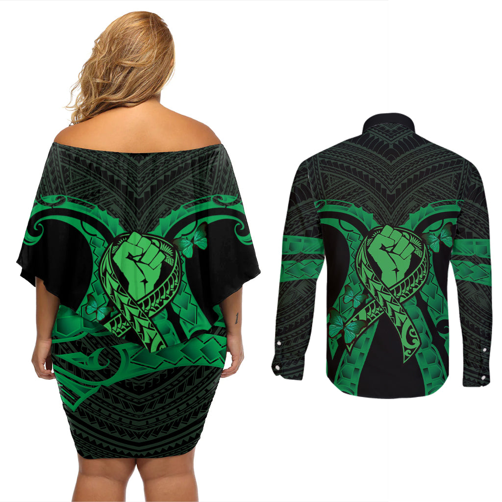 ADHD Awareness Month You Matter Couples Matching Off Shoulder Short Dress and Long Sleeve Button Shirt Green Polynesian Ribbon