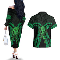 ADHD Awareness Month You Matter Couples Matching Off The Shoulder Long Sleeve Dress and Hawaiian Shirt Green Polynesian Ribbon